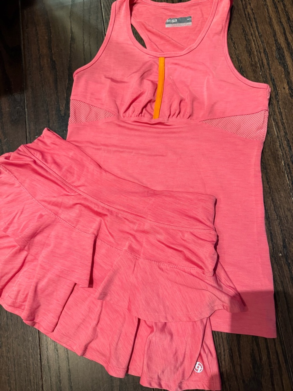 Lija Coral Pink Athletic Tank and Skirt Set with Orange Accent. Adorable Tennis